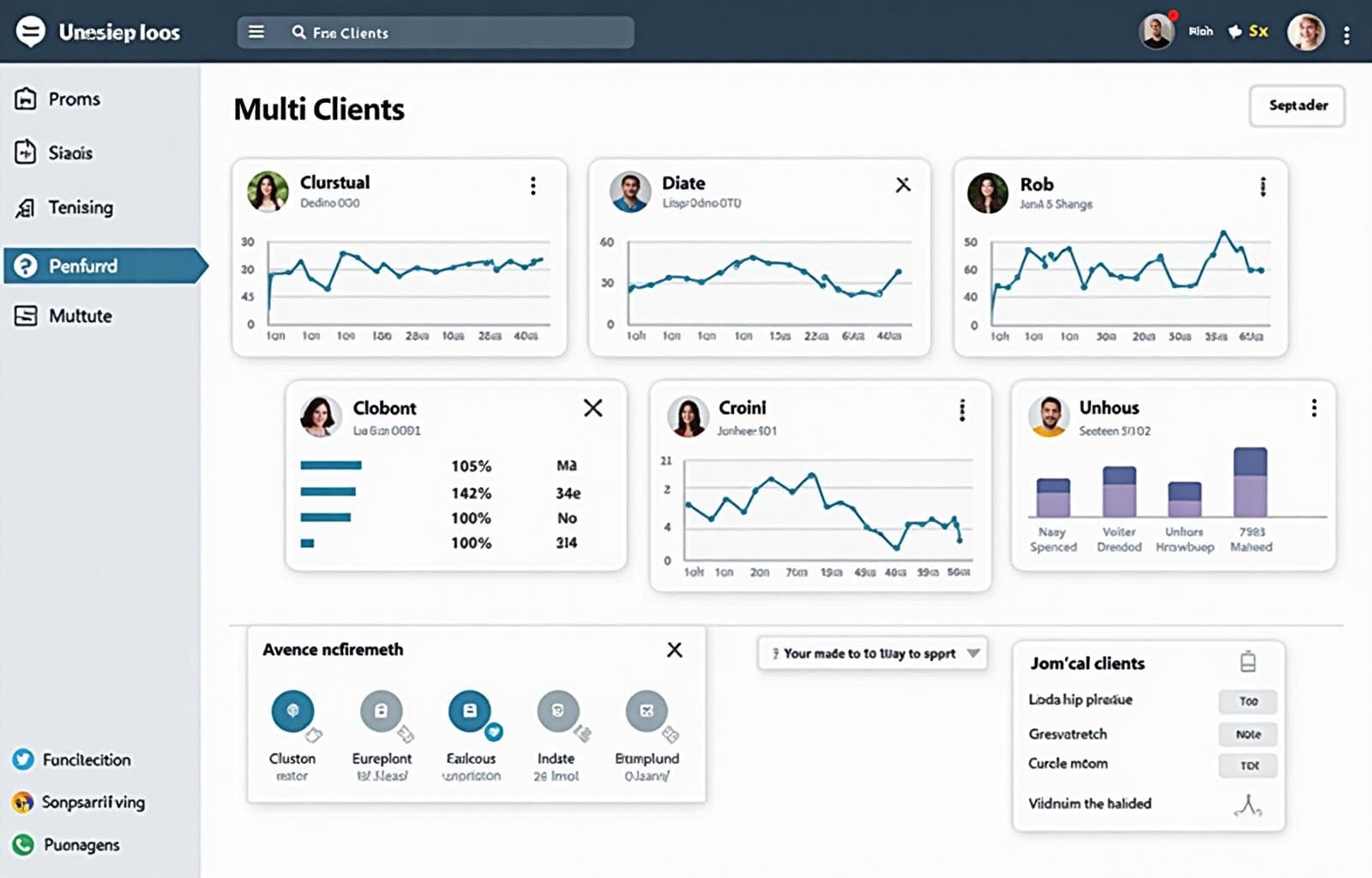 Multi-client management dashboard showing organized client profiles, performance metrics, and workflow status