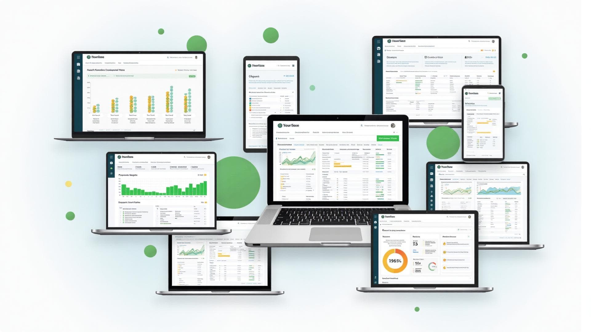 SEO platform dashboard showing ranking reports, review feeds, and client analytics