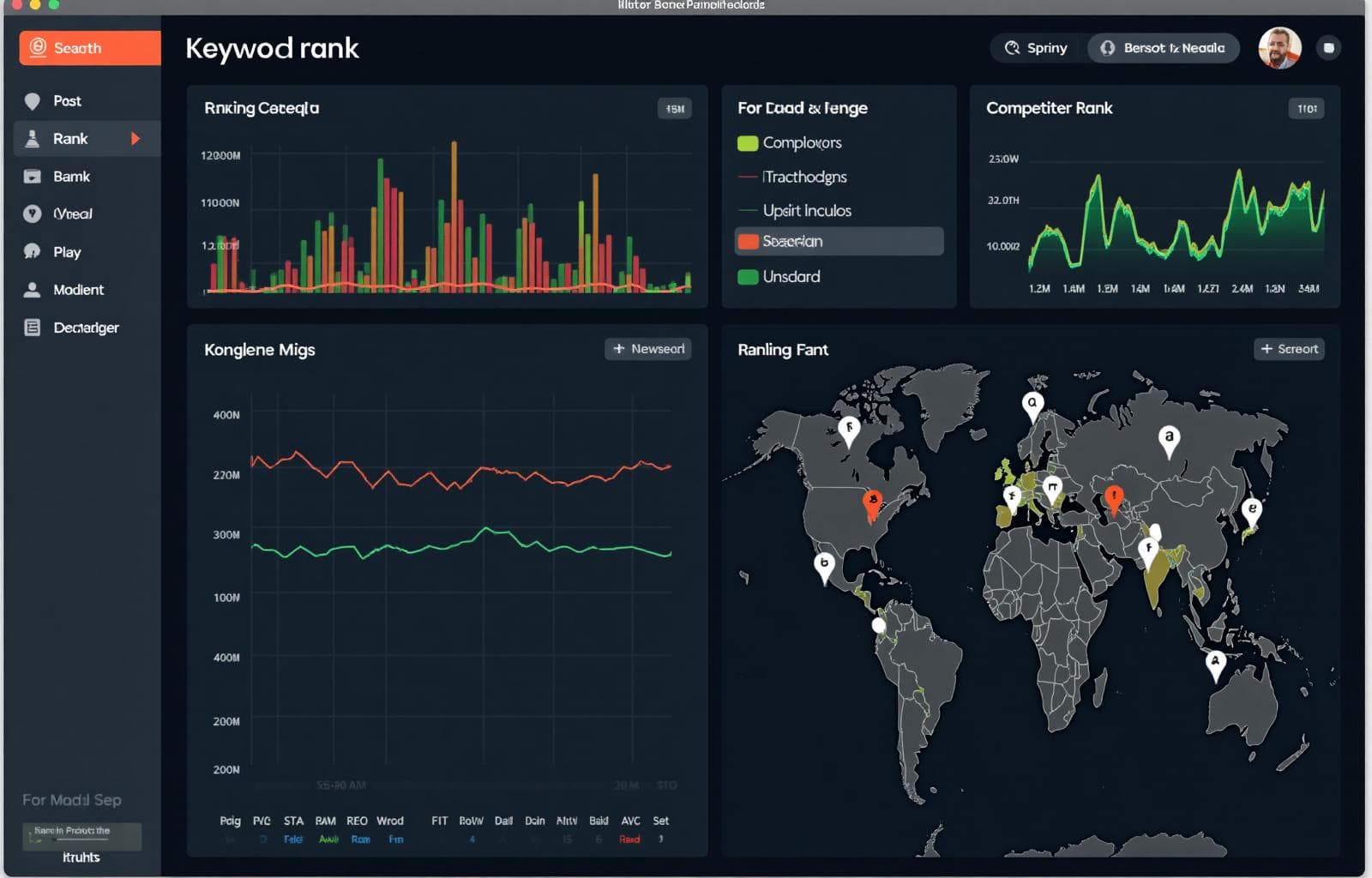Local keyword rank tracking dashboard with trend lines, competitor comparison, and location-based rankings