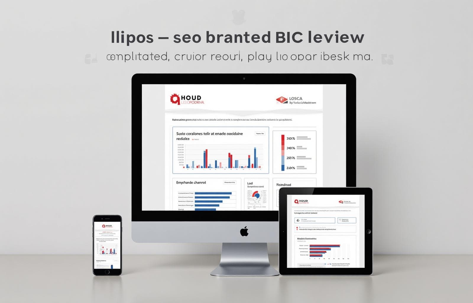 White-labeled SEO reports with custom agency branding displayed on desktop, tablet, and mobile devices